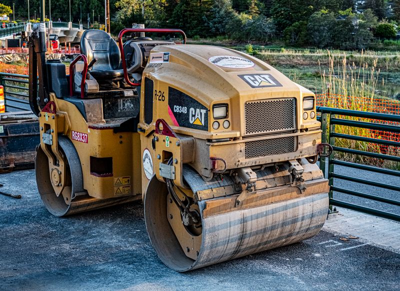 Road roller on a highway paving project